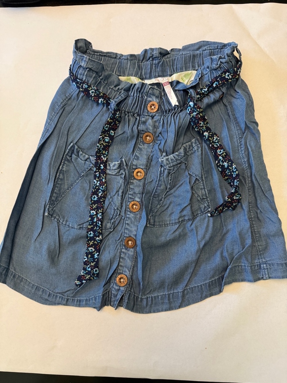 Matilda Jane Blue Denim-Look Button Front Skirt with Floral Tie